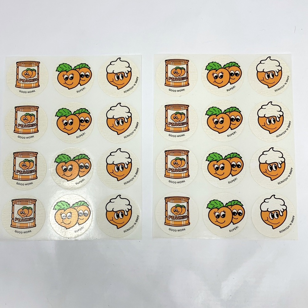 Vintage 1980s CTP Scratch N Sniff Sniffys Peach Stickers 2 Full Sheets/24 pc - Picture 2 of 5